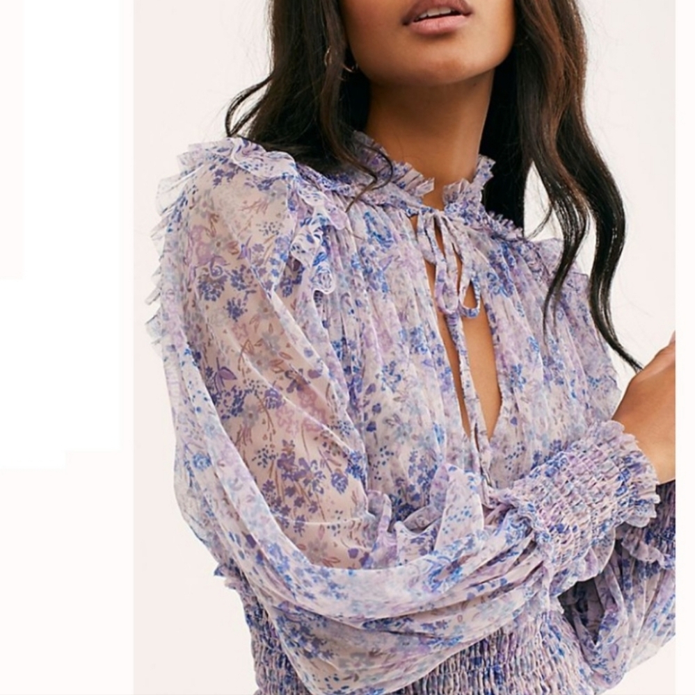Free People Large Purple Lilac Lavender Blue Twyla Floral Mesh Top Frilly Blouse